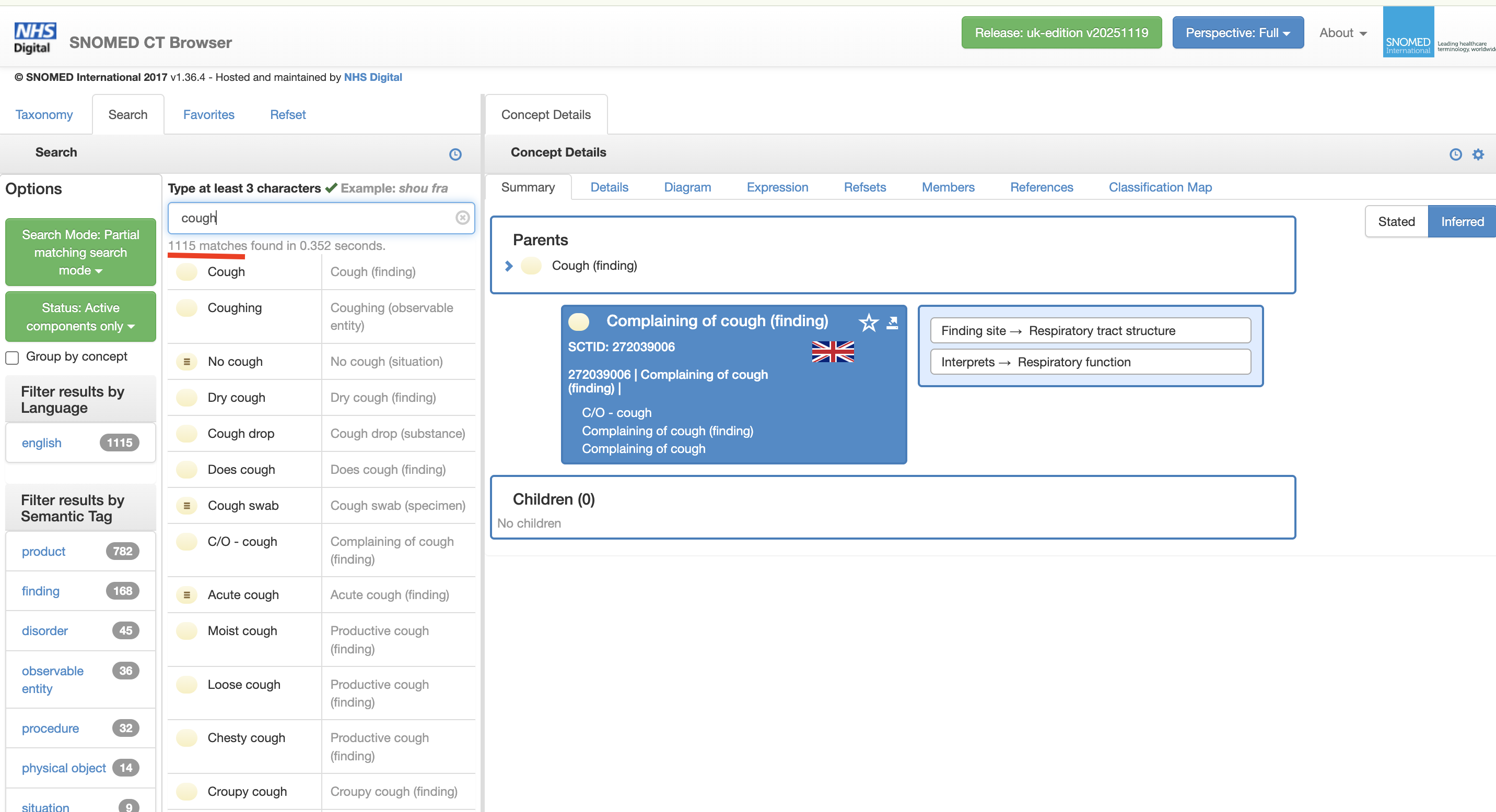 SNOMED browser search results for “cough”