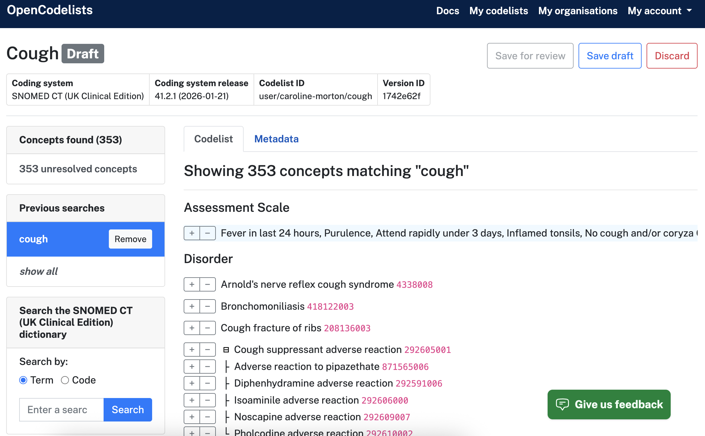 OpenCodelists search results for “cough”